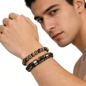 2pcs Double Protection Bracelets Abundance Prosperity Attract Wealth Tiger Eye Stone Obsidian Handmade Holiday Gifts