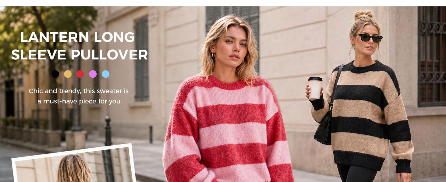 Fisoew Retro Color Block Stripe Sweater, Crew Neck Oversized Balloon Long Sleeve Loose Casual Pullover Top Matching Jeans Pants Fall Winter Casual Layering Top