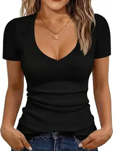 T-Shirts Short Sleeve V Neck Tees Tops for Women Fashion Trendy Lightweight Soft Casual Summer Outfits Clothes 2026