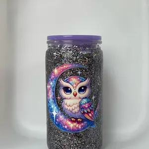 Galaxy Owl Purple Tumbler Suspended Glitter   Bottle