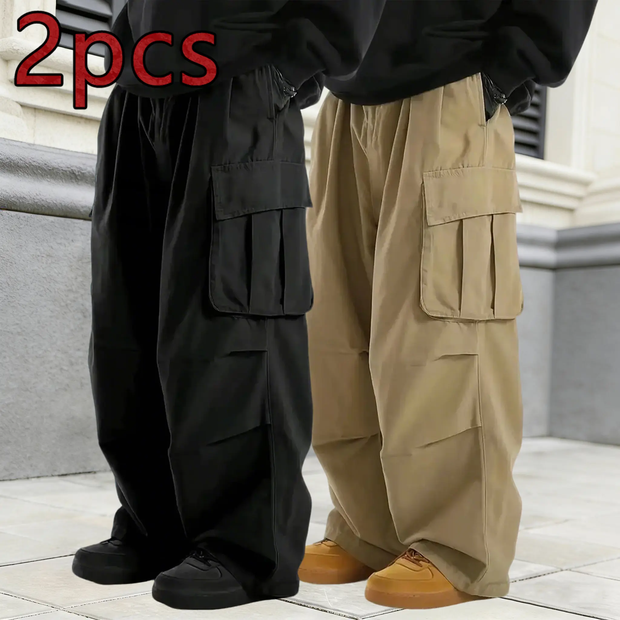 2-Pack Men’s Baggy Multi-Pocket Cargo Pants – Oversized Wide-Leg Streetwear Pants, Casual Y2K Skate Pants for Everyday Wear, Street Style & Outdoor, Mid Waist, Aesthetics, Stylish tiktokshopspringglowup