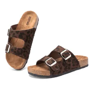 XIXITIAO Women's Leopard Sandals with Cork Footbed Open Toe Slippers Adjustable Double Buckles Slip On Slippers for Beach Summer Outdoor Casual Walking Shoes Girl