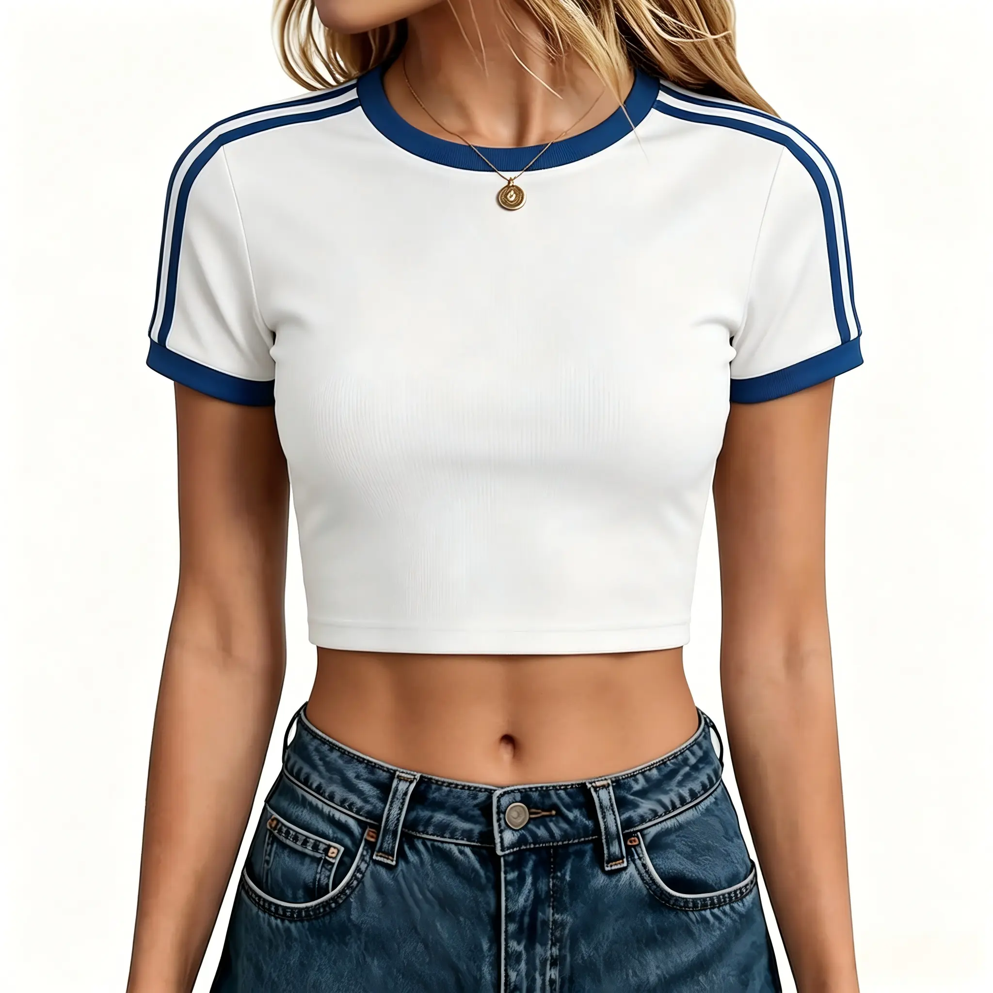 Women's Classic Crew Neck Crop Top, Short Sleeve Medium Stretch Workout T-Shirt with Elastane, Quick Drying Tee for Yoga & Daily Wear, Round Neck, Crop Top Activewear, Tow 30°C