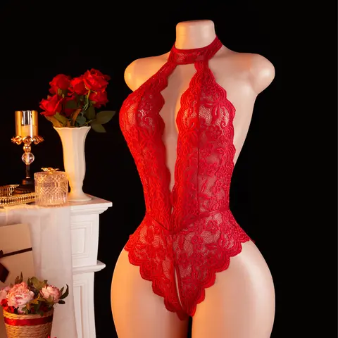AESKEIA Women's Exotic Floral Lace Teddy Bodysuit - Sexy Deep V Halter Neck, Backless Corset Shapewear with Butterfly Print, 3/4 Coverage Illusion Bra for Halloween, Date Surprise, Valentines Day, Bodysuit For Women