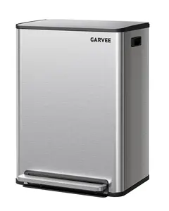 Garvee 16 Gallon (60L) Dual Compartment Stainless Steel Trash Can, Kitchen Recycling Bin with Soft-Close Lid & Step Pedal, 2 x 8 Gal Removable Buckets for Waste Separation, Home or Outdoor Composting