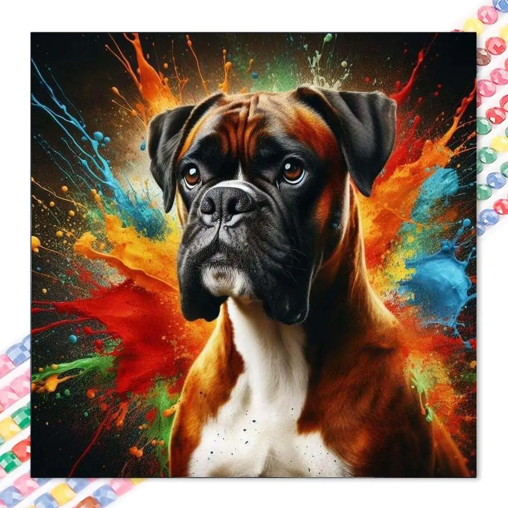 1pcs 5D DIY diamond painting kit, 5D diamond art set, DIY decoration, Boxer dog. Colorful background. Diamond painting kit full round drill DIY, mosaic, diamond art, DIY art home decor, Diy Diamond Arts, suitable for Halloween and Christmas, Crafts.