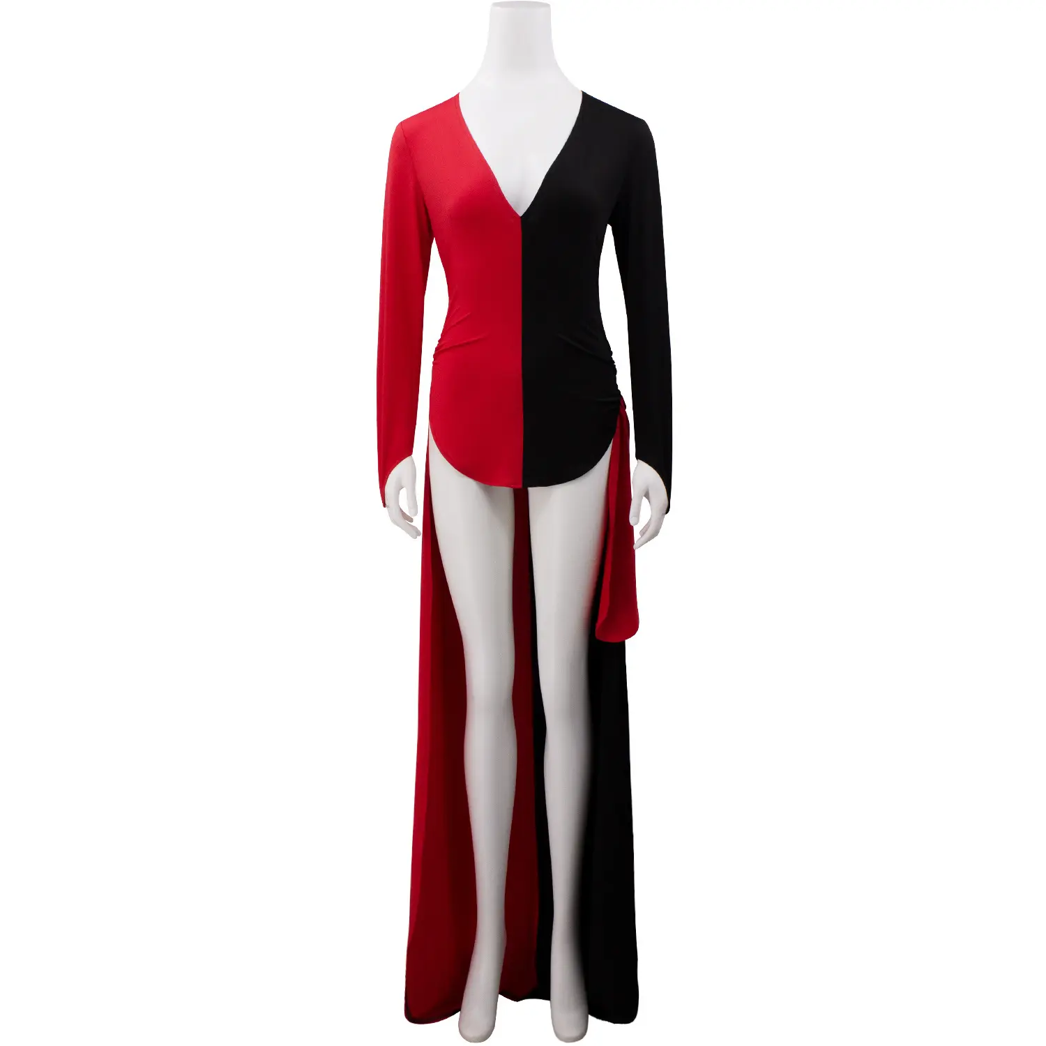 Women‘s Harley Quinn Cosplay Costume Red Black Split Long Dress for Halloween