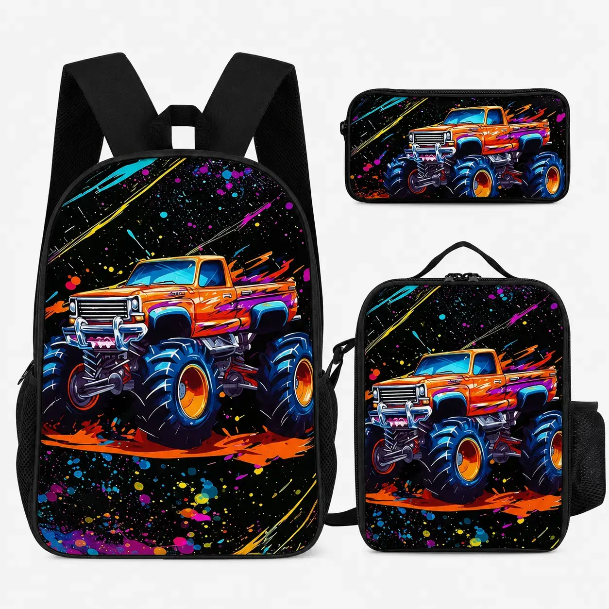 Unisex 3-Piece Backpack Set Pack for Boys, Teens - Monster Truck & Race Car Graffiti Print, Off-Road Theme Backpack, Lunch Bag, Pencil Case