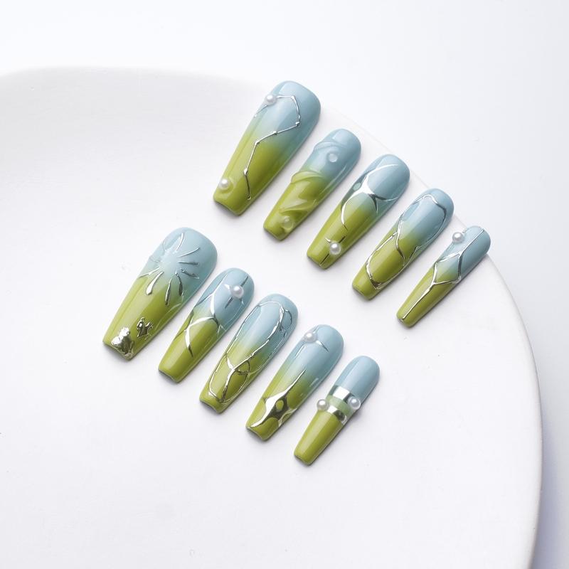 HJElegance Morning Garden coffin press on nails: soft blue-green shares with silver lines and pearl accents, natural elegance, shimmering glitter