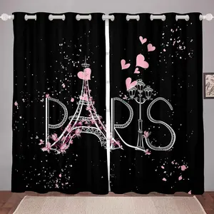Feelyou Paris Eiffel Tower Black Pink Modern Bedroom Curtains - Romantic French Window Drapes, Household Textile Room Decor Treatments