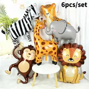 6pcs Cartoon Animal Theme Foil Balloons, Jungle Safari Forest Lion Zebra Elephant Giraffe, Kids Birthday Decoration Supplies