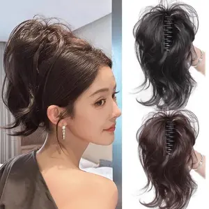 Short Wavy Hair Ponytail Wig Synthetic Claw Clip Hair Extensions Fluffy Hairpiece High Top Bun Ponytail for Women Daily Use