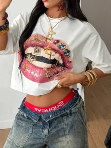 Women's Diamond Lip Print Summer Loose High-Waisted T-Shirt, Womenswear, Casual Slim Fit Short Top, Y2K Vacation Style, Streetwear, Daily Wear