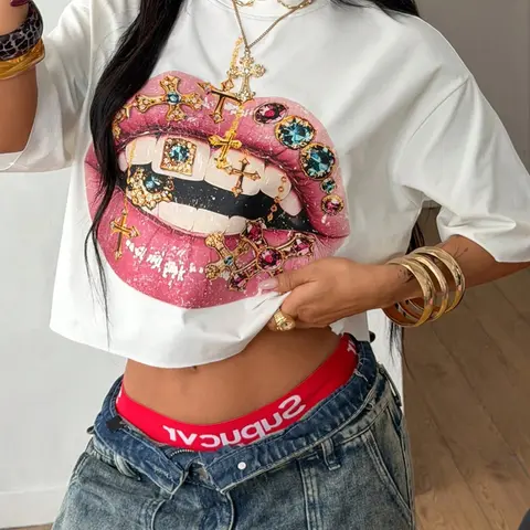 Women's Diamond Lip Print Loose High-Waisted T-Shirt, Womenswear, Fashion Casual Top, Casual Slim Fit Short Top, Y2K Vacation Style, Streetwear, Daily Wear