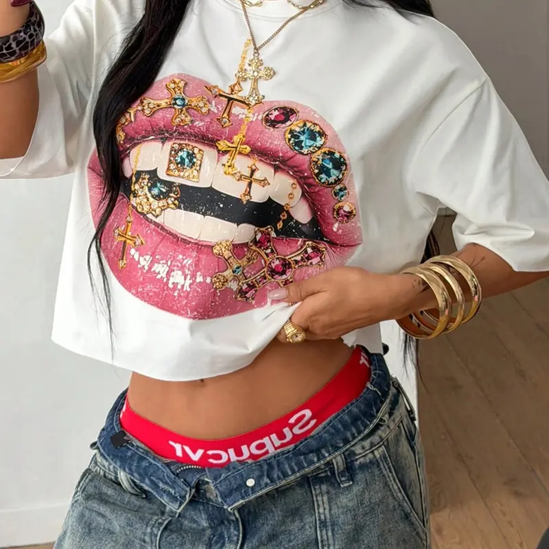 Women's Diamond Lip Print Loose High-Waisted T-Shirt, Womenswear, Fashion Casual Top, Casual Slim Fit Short Top, Y2K Vacation Style, Streetwear, Daily Wear