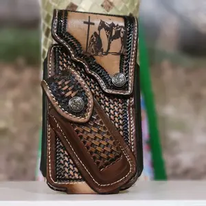 Praying Cowboy Western Phone Holster Genuine Leather Phone Belt Holster and Knife Holder Hand Tooled button closure Handmade in Mexico Durable Craftsmanship Authentic Style