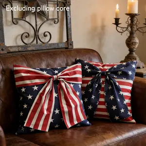 2PCS patriotic themed star striped bow decoration pillow covers, Home Textile, for July 4th, 18x18 inches, suitable for bed, sofa, terrace, Independence Day party decoration (excluding pillow core)