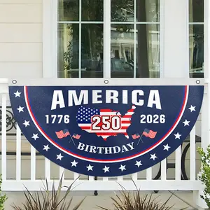 America 250th Birthday Semicircular Flag Banner, USA Independence Day Porch Decor Flag, Patriotic Half Fan Flag Decoration for Porch Fence Yard, 1776–2026 Patriotic Bunting