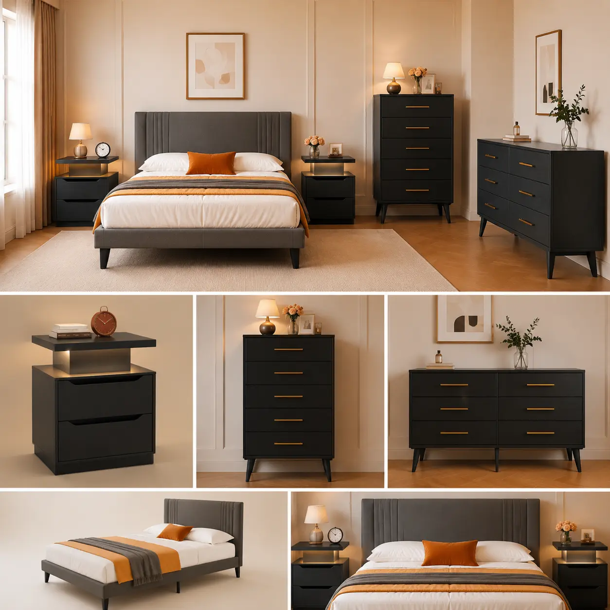 GIZOON 5-Piece Black Wood Bedroom Furniture Set - Queen Bed Frame, 5-Drawer Dresser, 6-Drawer Dresser, Nightstand Sets of 2 for Bedroom Decor