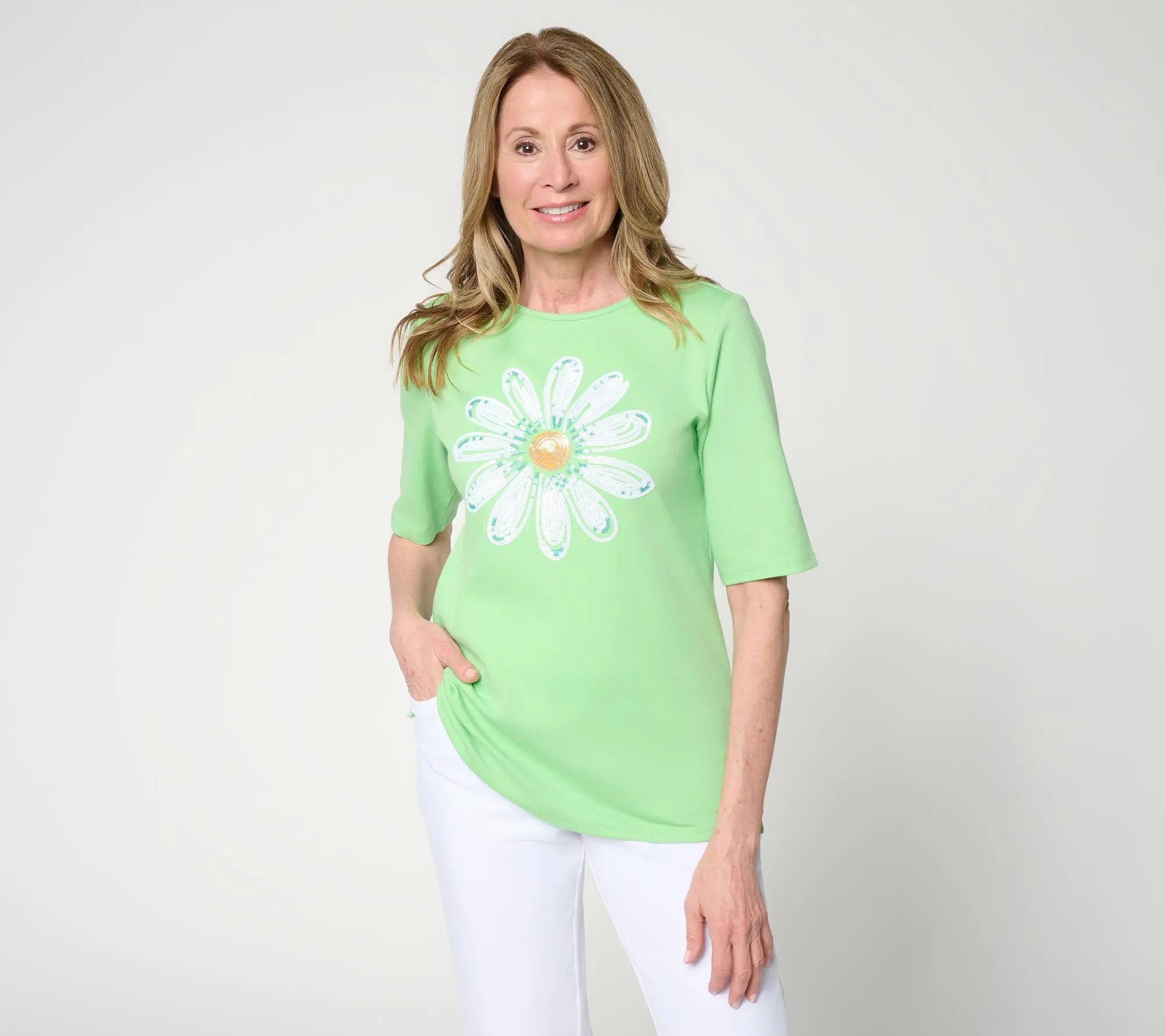 Quacker Factory Daisy Delight Sequin Elbow Sleeve Top