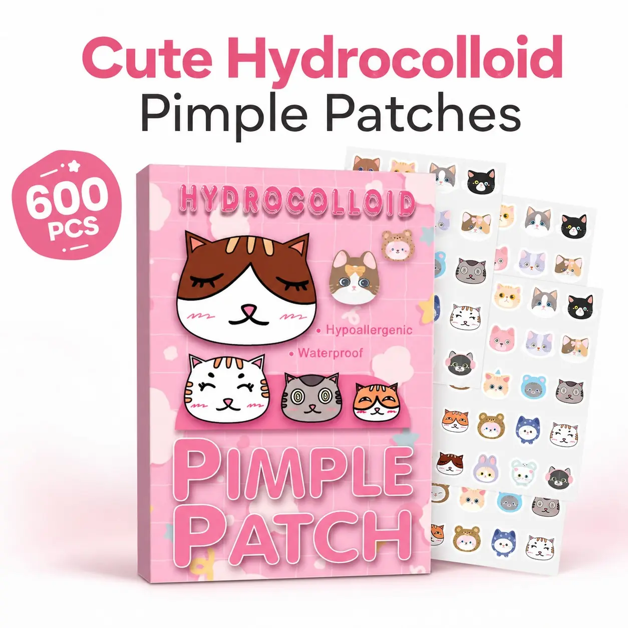 KHAZIX 600pcs Cute Cat Concealer Acne Patches, 20 Cat Designs to Choose From, Conceal Blemishes and Add Fun to Skincare