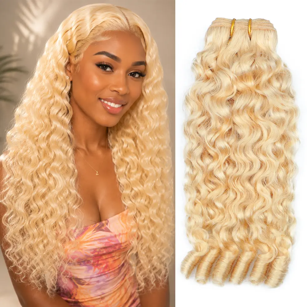 613 Blonde Burmese Curly Bundles Human Hair 3C 4A Water Wave Extensions Spiral Curl Ends Double Weft Remy Human Hair Weave Can Be Dyed 613 Bundles for Sew In