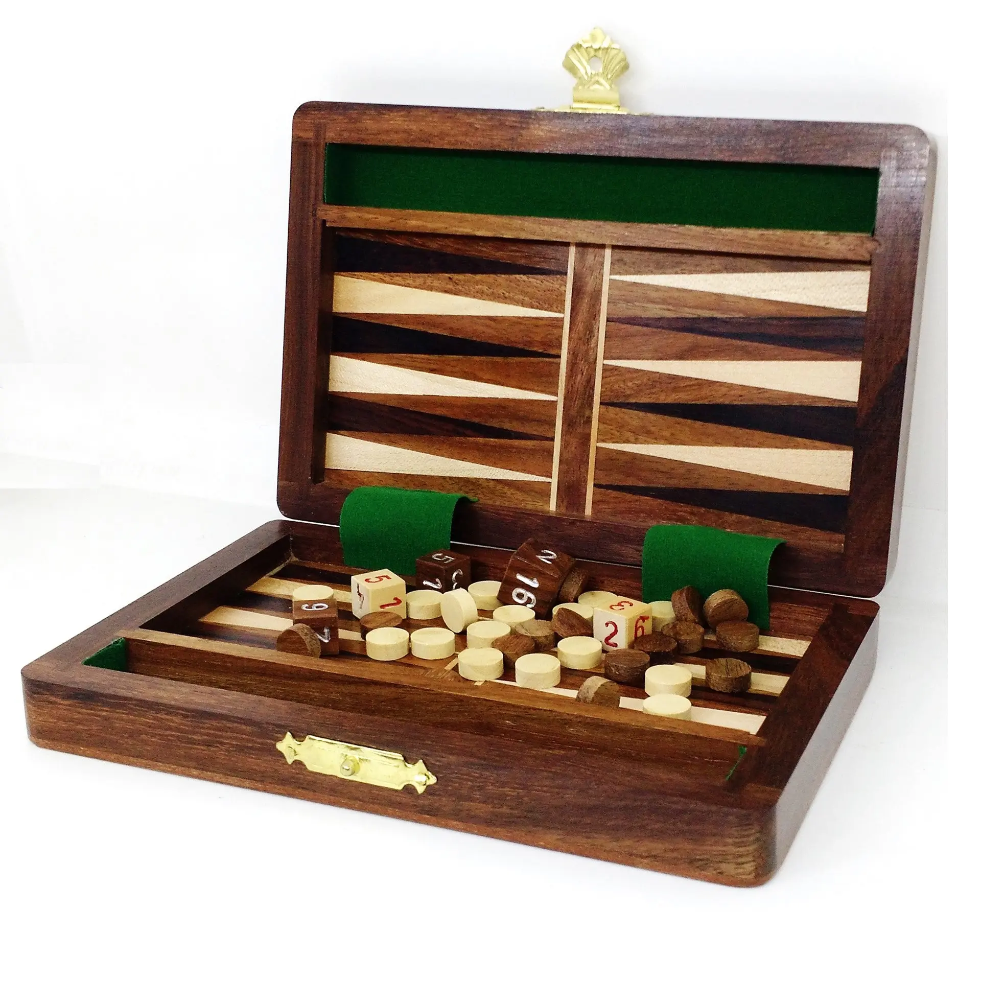 6" Wooden Travel Backgammon Set Includes Game Pieces & Folding Board