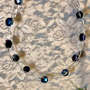 Black/Blue Beaded Silver Tone Chain Crocheted Ankle Bracelet with Lobster Clasp for Ladies Elegant Fashion Accessory