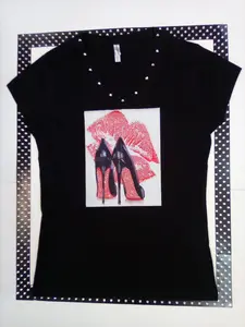 Women Tees- Red Bottom Graphic Rhinestone Shoes