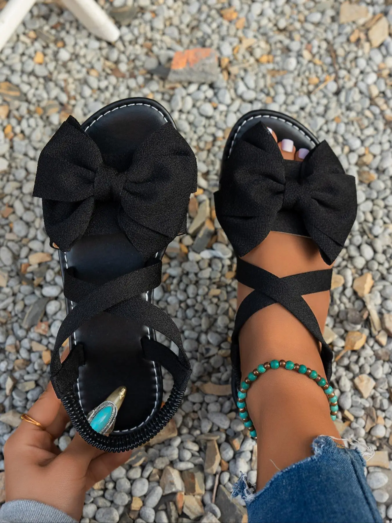 Women's Elegant Bowknot Design Slip on Sandals, Casual Trendy Flat Sandals, Fashionable Shoes for Daily Wear
