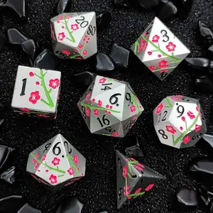 Flower Pattern Durable Metal Dice Set, 7 Counts/set Polyhedral Dice, Tabletop Games Dice for DND RPG, Party Game Supplies, Gaming Accessories