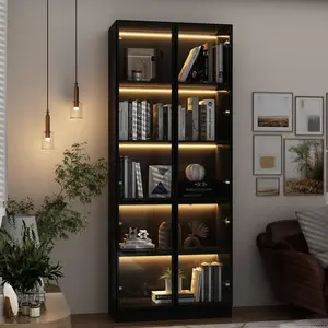 FUFU&GAGA  Combined Display Cabinet with Glass Doors and Lights, Display Case Cabinet Pop-up Design, Display Case Cabinet Black Shelf Furniture