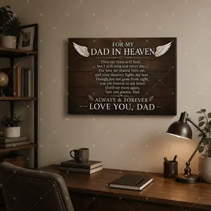 Dad Memorial Canvas Wall Art, In Loving Memory Father Quote Poster, Angel Wing Sympathy Wall Decor, Rustic Remembrance Gift for Bedroom Office Living Room, Unframed Canvas Poster or Framed Canvas Wrap