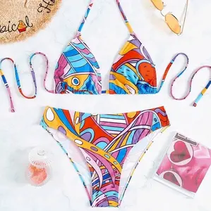 Geometric Print Halter Triangle Bikini Swimsuit