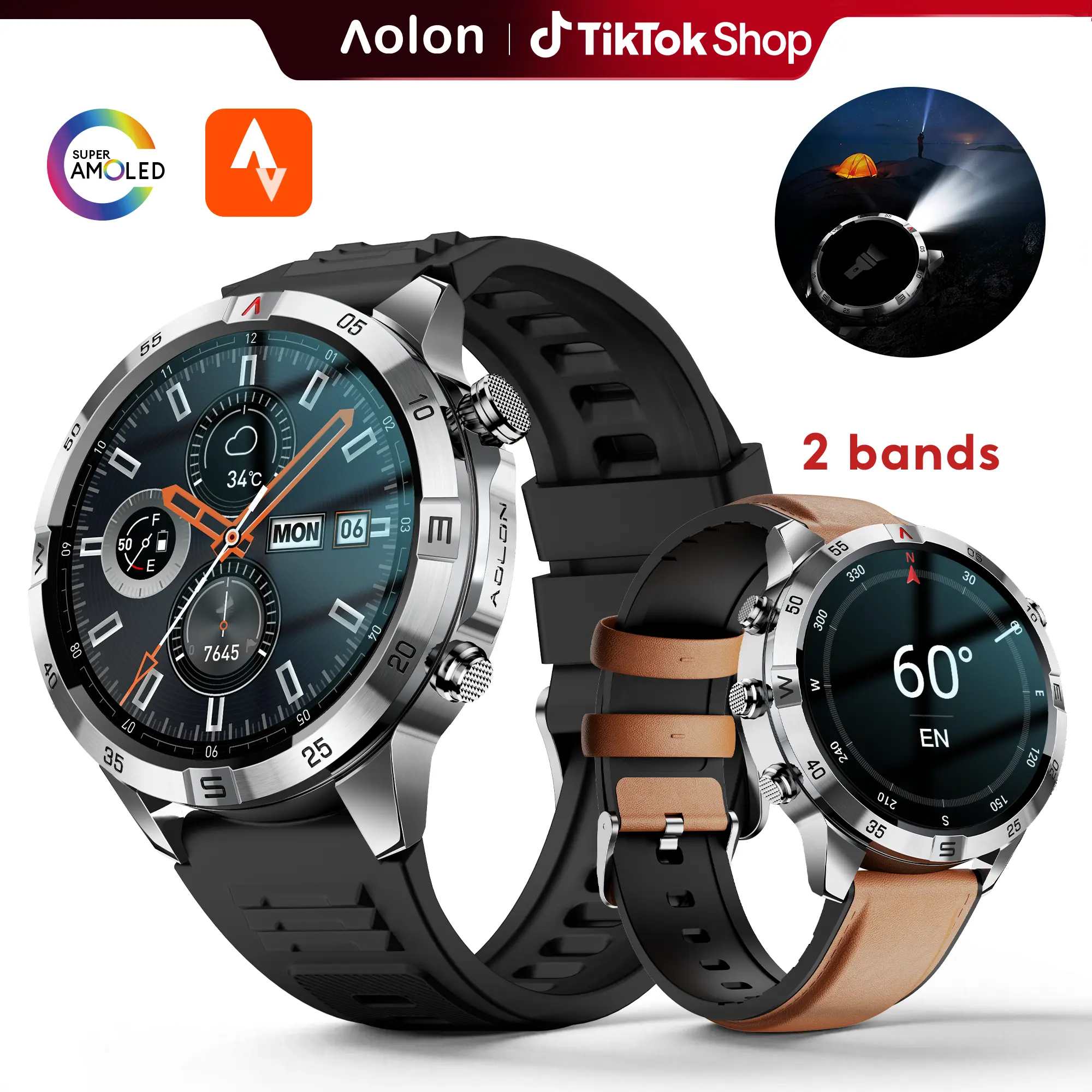 【Work & Outdoor Ready】Aolon GT6 Pro Smart Hiking Device: Rugged 1.51" AMOLED Watch, Bluetooth Calling, Flashlight, Compass, Fitness Tracker, 110+ Sports Modes, Fast Charging, Up to 60 Days, 1ATM & IP68, Great Gift for Men.#sohochic#tiktokshopstockup
