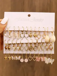 Cute Girl Heart Butterfly Hoop Earrings Set, Ear Hoops, Fashion Versatile Metal Ear Jewelry for Women, 18 Pairs Earring Pack, Elegant Geometric Design, Hoop Earring Designs, Geometric Patterns, Hoop Earring Motifs, Heart Shaped Earrings