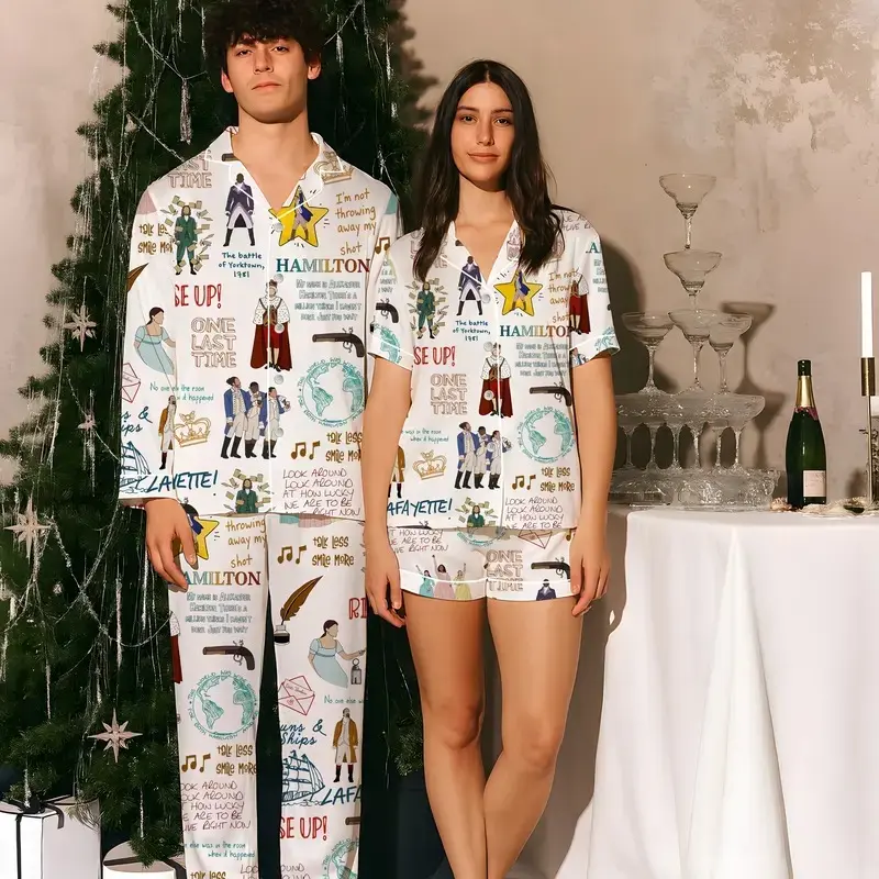Women's Silky Satin 2-Piece Founding Father Musical Pajama Set - Broadway-Inspired Revolutionary Era Sleepwear, Elastic Shortsleeve, Adjustable Pocket Pants, Elegant All-Season Luxury Loungewear Gift for Musical Theater Fans