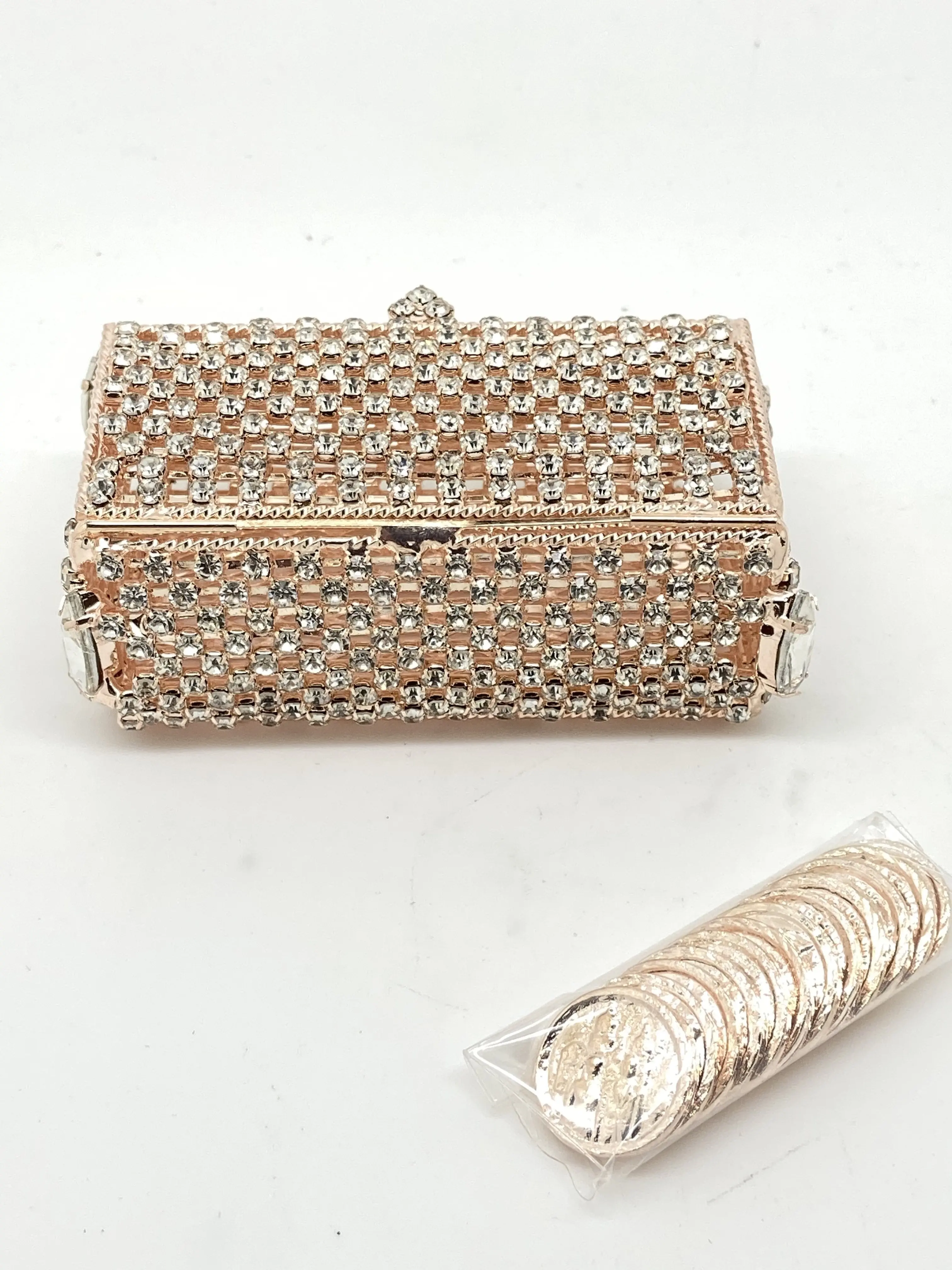 Rose Gold and Rhinestone Treasure Box With (13 Piece) Arras Coin Set