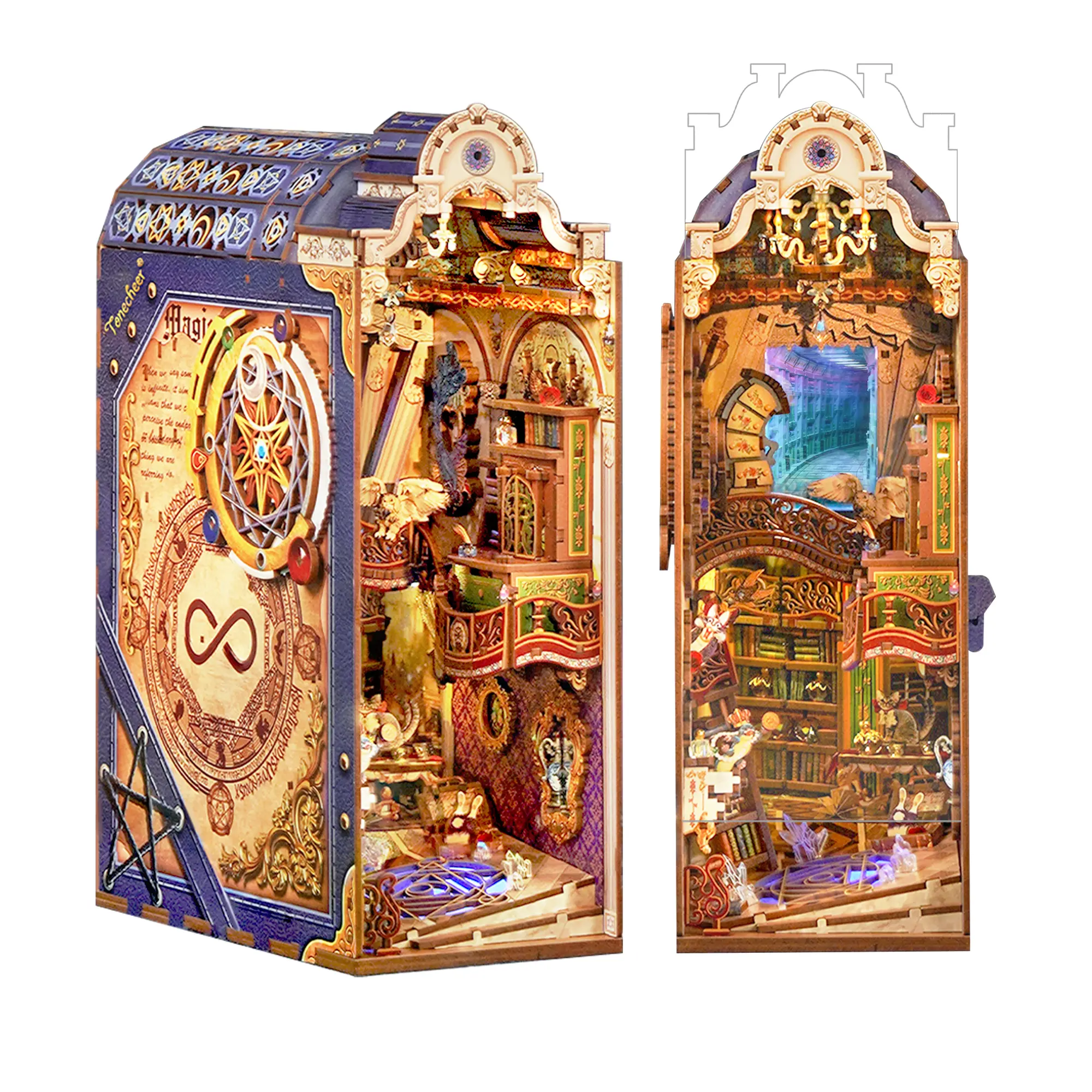 Tonecheer Magical Library DIY 3D Bookend Wood DIY Pack, Adult STEM Construction Set, 3D Wooden Puzzle Bookshelf Insert with Dust Cover, LED Light (Requires 2x AA Batteries)