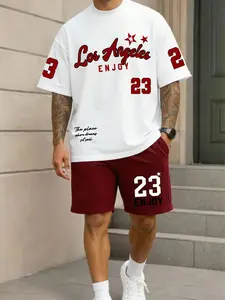 2-Piece Performance Streetwear Outfit - 8:24/23 Varsity Print | Smooth Quick-Dry Texture Relaxed Fit Set | Versatile Athletic Lounge Wear for Gym & Summer Vibe