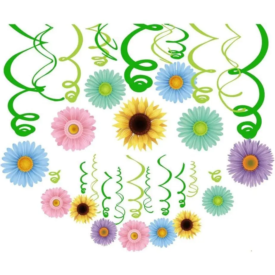 30Ct Plastic Spring Sunflower Hanging Swirl Decorations - Themed Party Supplies for Kids' Birthdays, Ceiling Decor for Home, Classroom