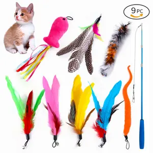 Pet Cat Toy Set, Caterpillar & Feather Replaceable Heads, Retractable Cat Teaser Wand, Fishing Rod for Interactive Cat Play
