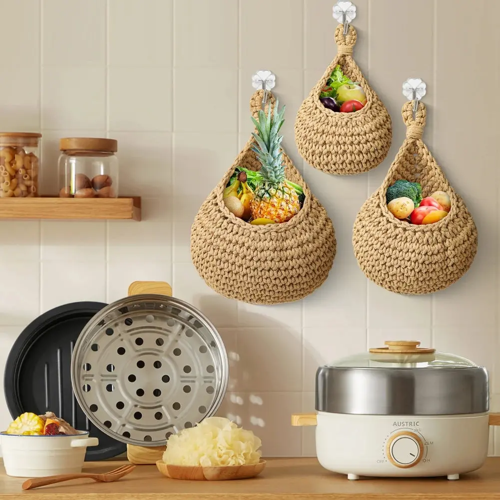 Handwoven Wall Hanging Fruit Basket, Farmhouse Decorative Household Multi-Size Kitchen Organizer