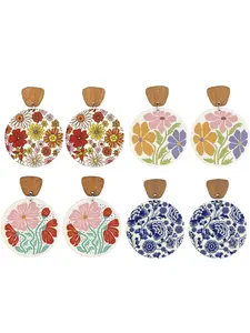 Vintage Floral Boho Drop Earrings, Multicolor Wooden Round Porcelain Studs, All-Over Print Design, Perfect for Spring & Summer