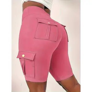 Women'sSolidColorPocketDesignAthleticYogaCargoshortsForExercise&Fitness,High-WaisSportsCargoshorts