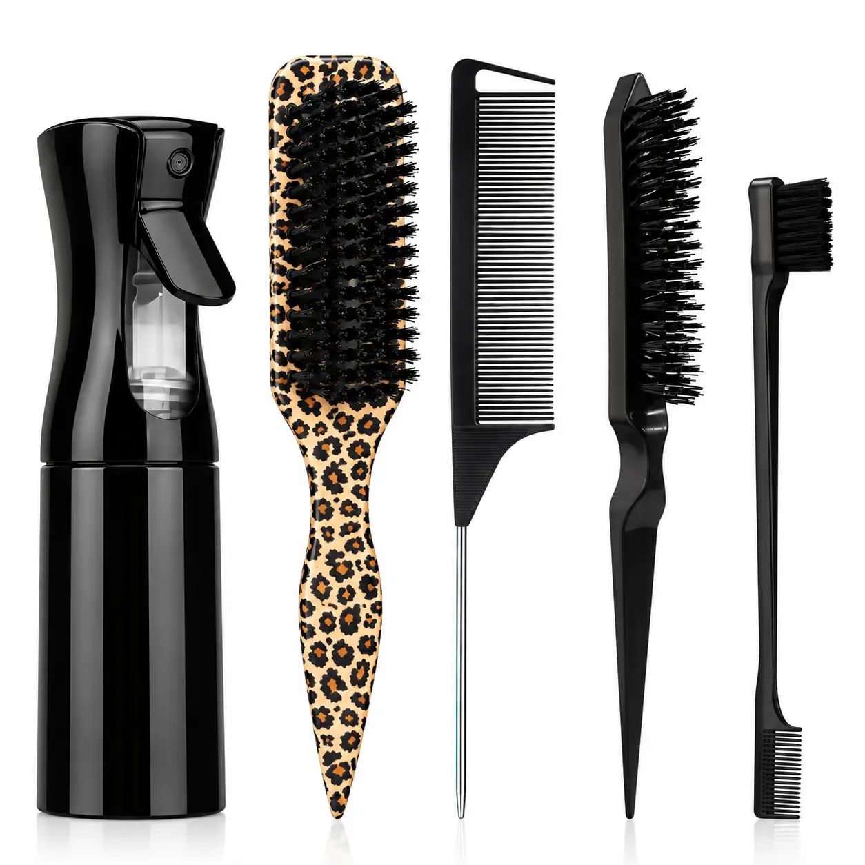 5 pcs/set Hair Styling Kit, Heatless Styling Set with 200 ml Spray Bottle, Straight-Back Comb and Edge Control Hair Brush, Easy Hair Care Professional Hairdressing Tools, Hair Tools for Styling