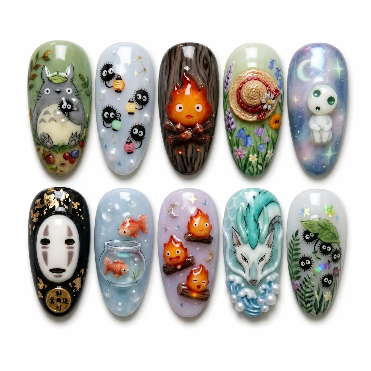 Handmade Studio Ghibli Press On Nails Anime Totoro Calcifer No Face Haku Nail Art Almond Nails for Kawaii Fantasy Fan