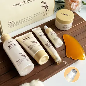 Rice Skincare Set, Facial Cleanser 50g, Toner 100ml, Serum 17ml, Eye Cream 20g, Moisturizer 30g & Scraper, Hydrating Skin Care Kit for Women & Men, Refined & Radiant Skin