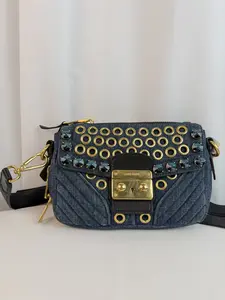 Pre-owned miu miu Embellished Crossbody Bags Miu Crystal Denim Matelassé Crystal Crossbody Bag