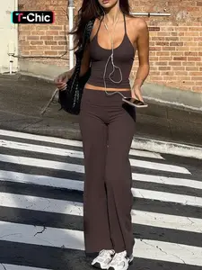 Women's Spring Summer Lace-Up Camisole High-Waisted Long Pants Set, Casual Fitted Sportswear, Yoga Cycling Gym Wear, Athletic Wear